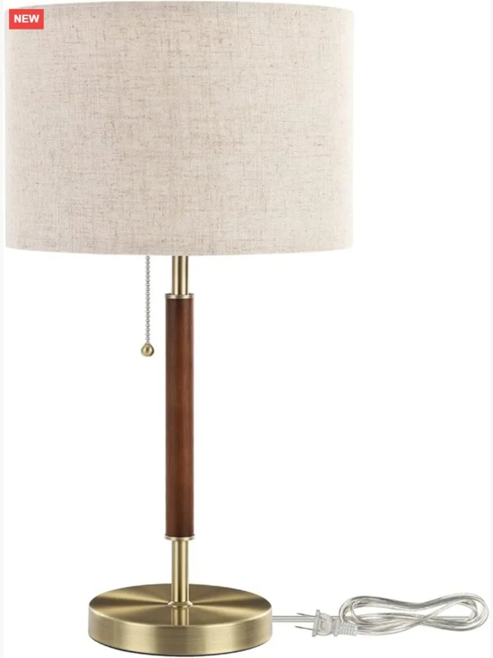 Mid Century Table Lamp with Pull Chain, Solid Wood & Metal, Bedside Nightstand